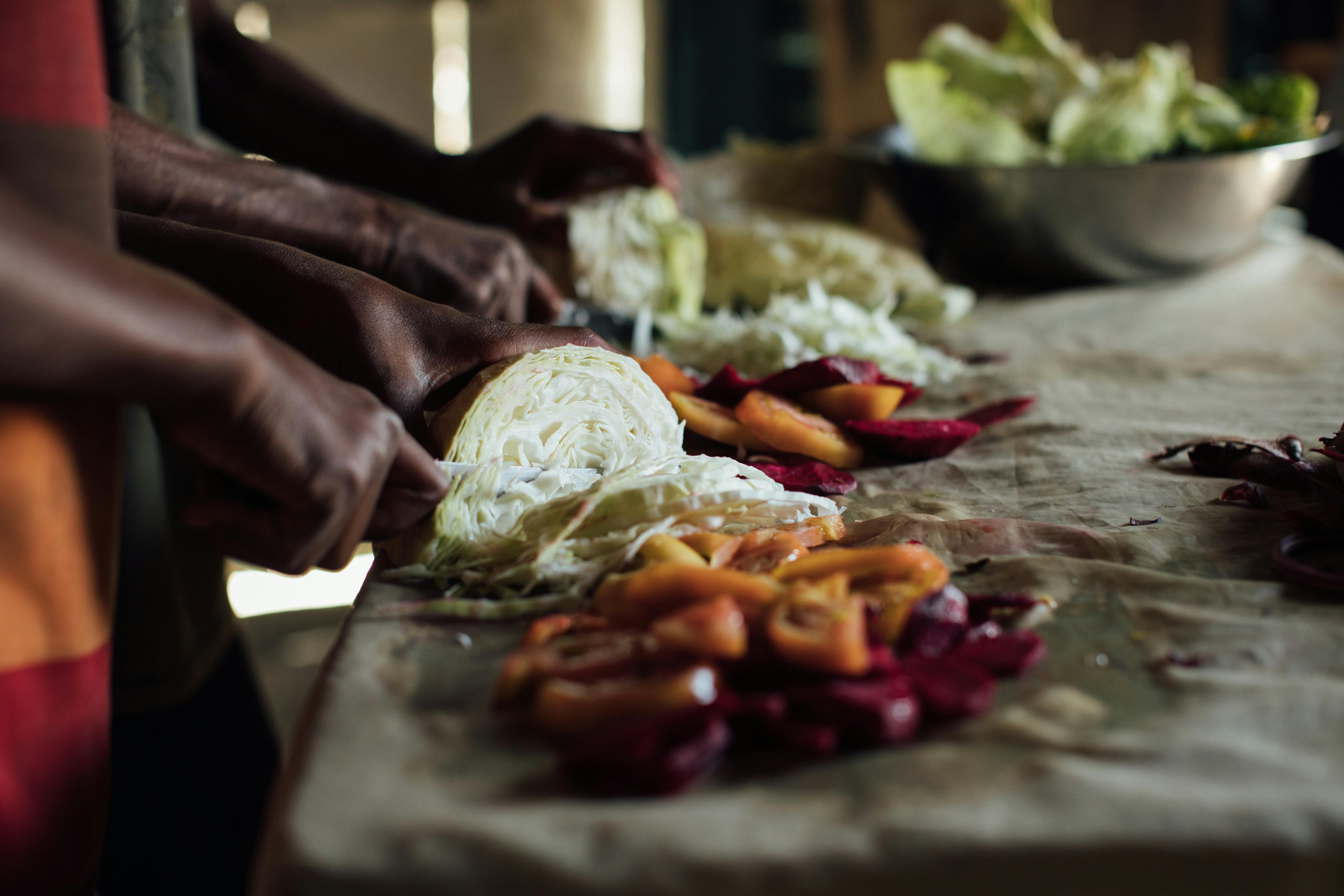 People chopping veggies and preparing food for cooking.
