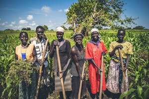 A group of South Sudan refugees work on a plot of land in Uganda.