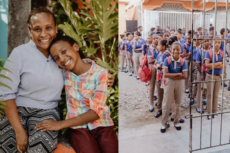 Dominican Republic mother hugs her child and child stands in line in uniform at school