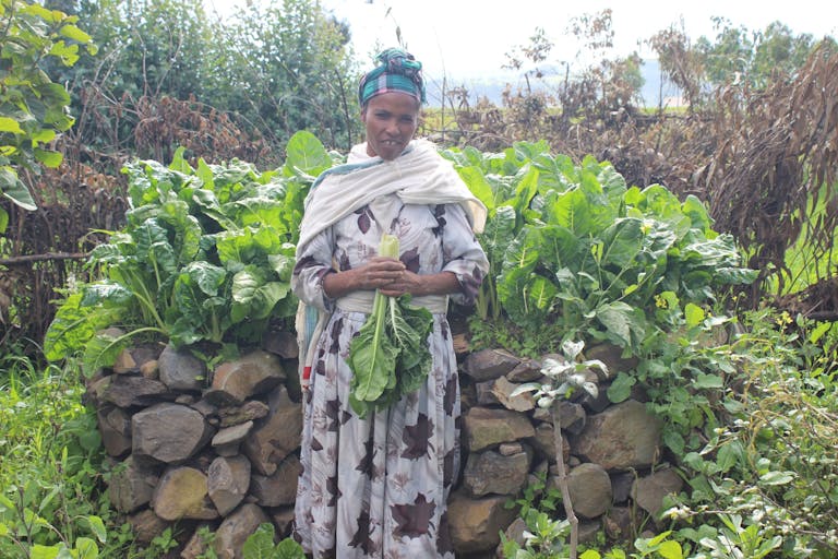 Woman in traditional Amhara Ethiopian dress standing in front of keyhole garden
