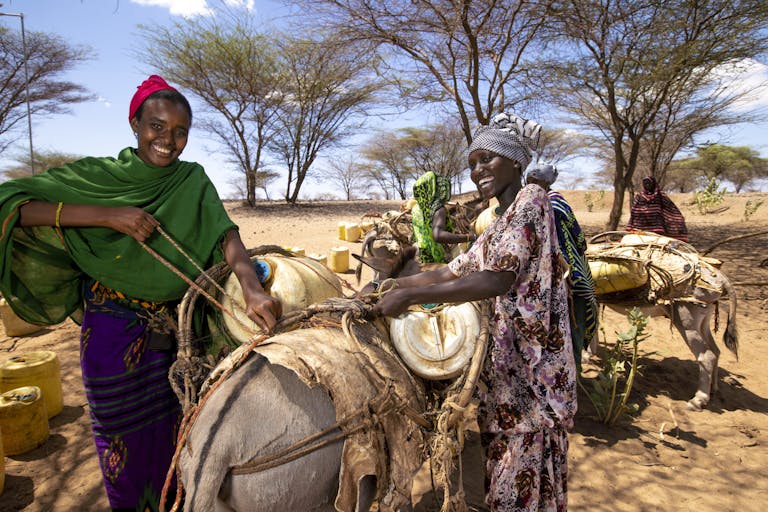 two women strapping yellow water jugs onto the backs of donkeys