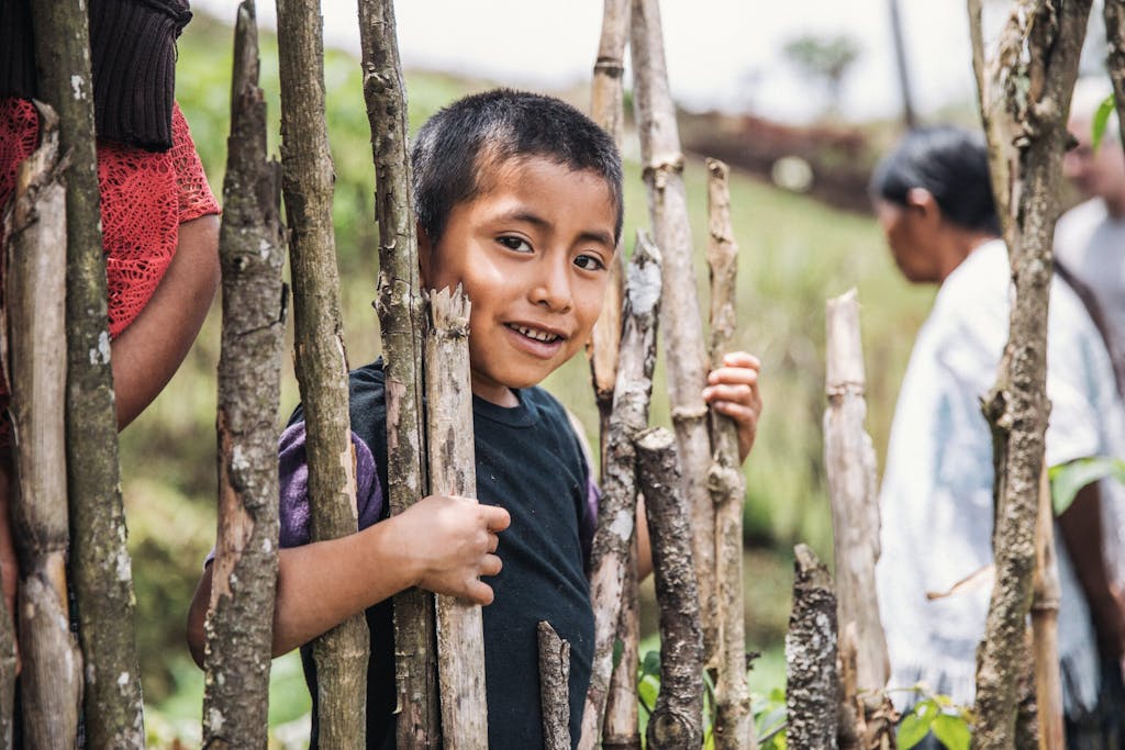 Guatemala boy peers through branches in FH development program